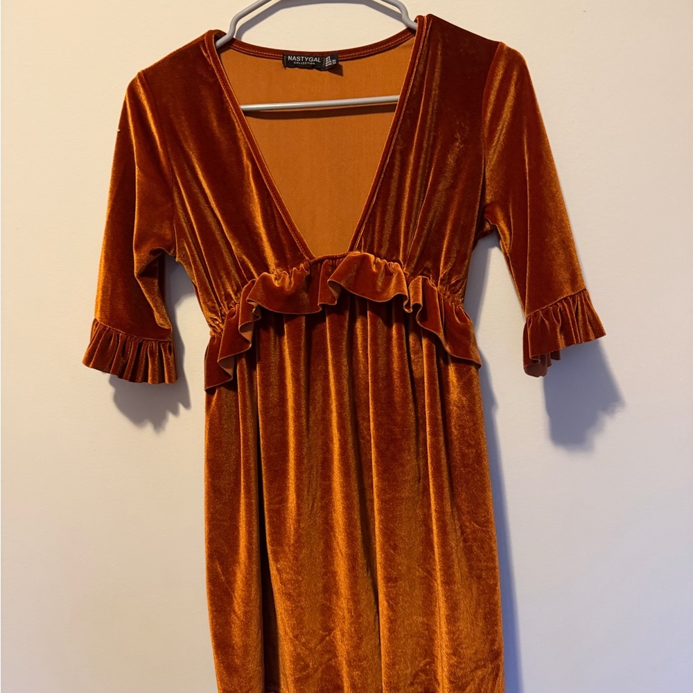Nasty Gal Velvet Ruffle Mini Dress in Burnt Orange